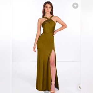 AZAZIE ELANA Side Slit Stretch Satin Long Dress Martini Olive Green Size M/ L